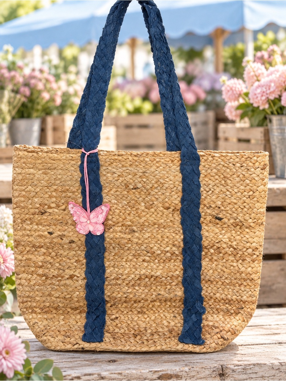 Natural Straw Tote with Navy Braided Straps and Pink Butterfly Charm